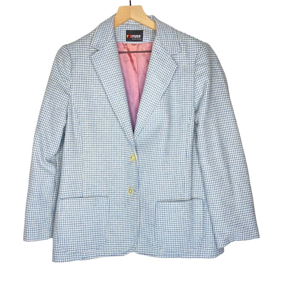 80s Vintage Blue White Houndstooth Women’s Blazer size M